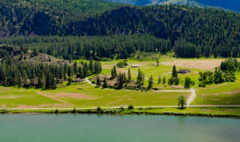 Aerial view of a riverfront valley with green fields, a winding road, and scattered houses near a dense pine forest.